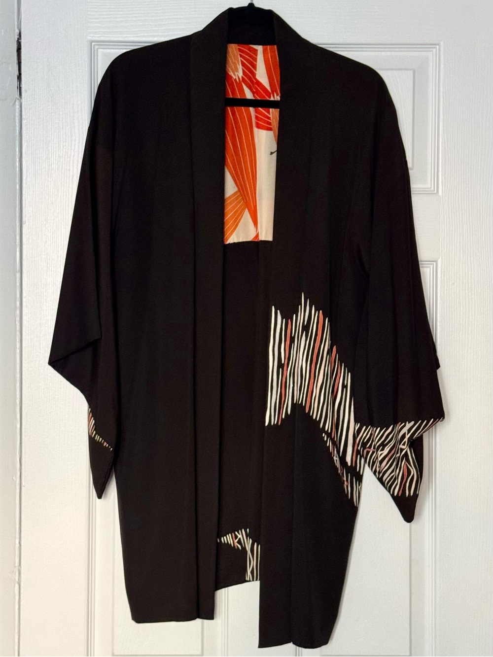 Japanese Art Deco Crested Black Silk Open Front Haori Kimono w/ Orange Stripes